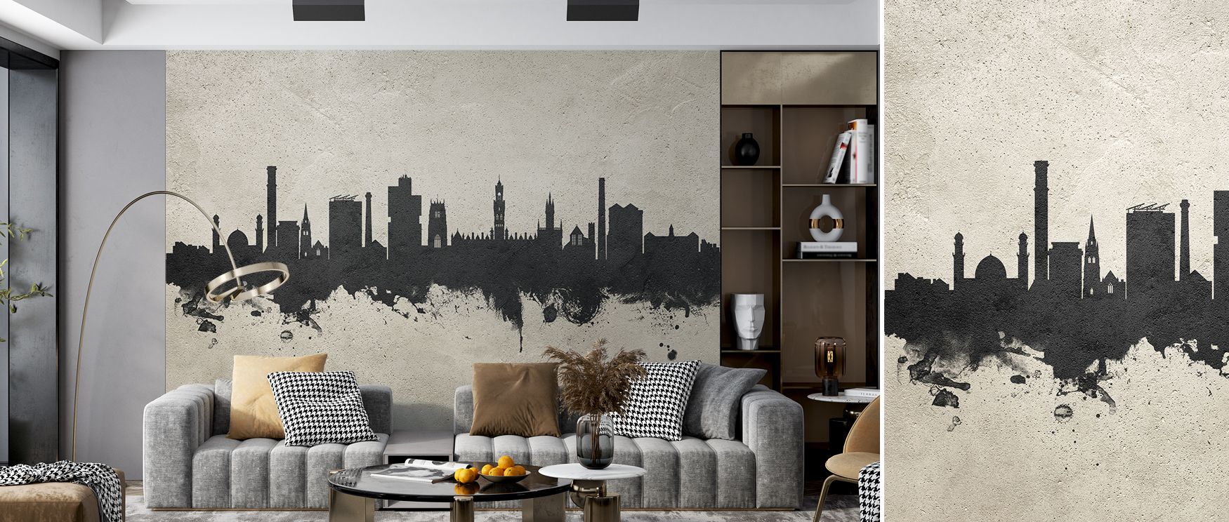 Industrial-inspired Bradford wallpaper featuring concrete skyline design. Its bold tones bring cultural charm to interiors, perfect for bedrooms, living rooms, or studies enriched with modern elegance. 