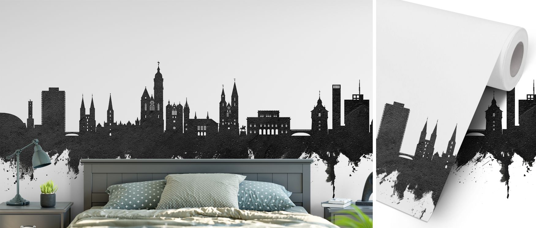 Decorative Braunschweig wallpaper featuring skyline design in black and white palette. Its bold contrast enriches interiors with modern creativity, making it suitable for bedrooms, offices, or living spaces seeking urban elegance. 