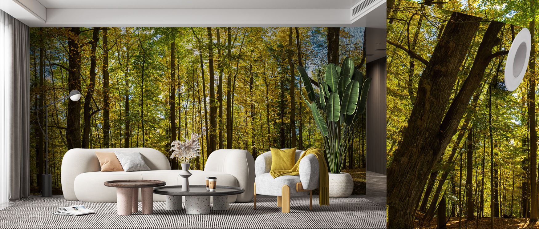 Forest landscape wallpaper designed with lush tones of green and natural scenery. Its soothing aesthetic enriches interiors with tranquility, ideal for bedrooms, lounges, or studies inspired by outdoor beauty. 