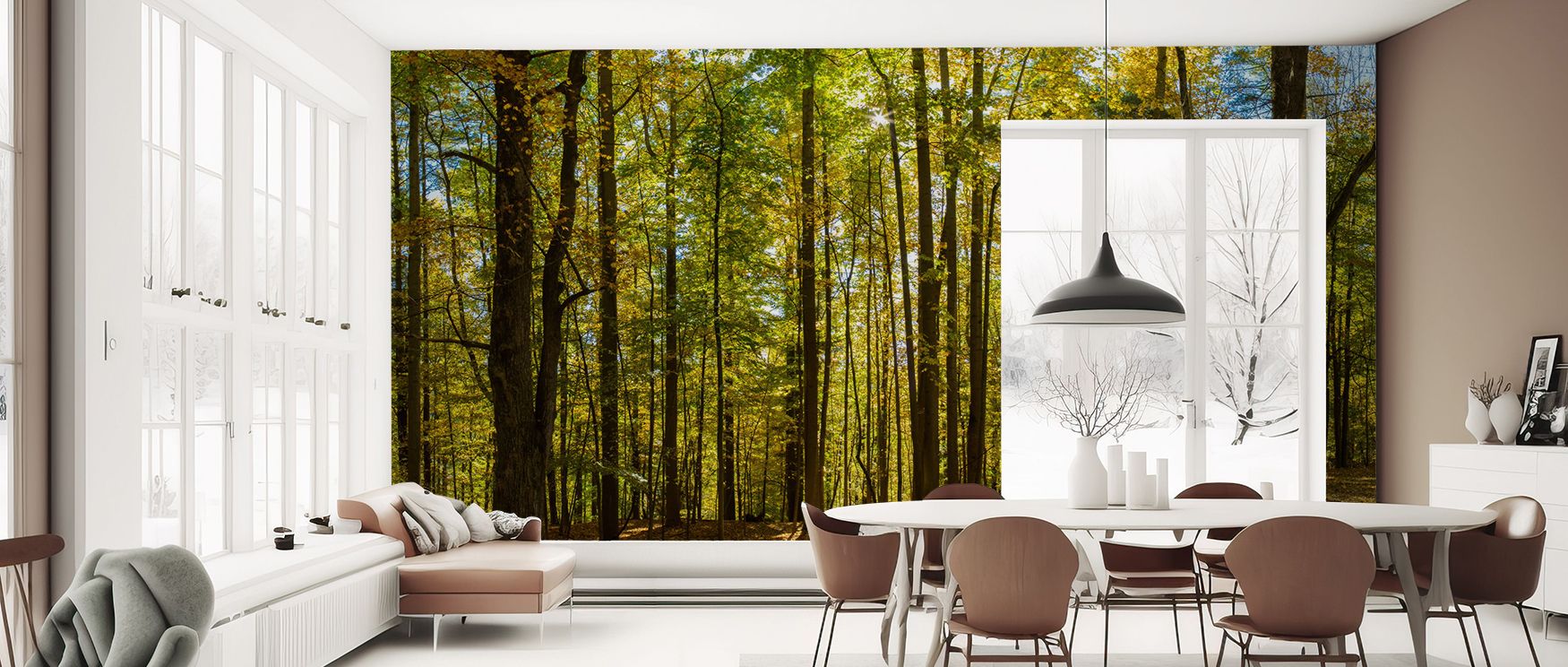 Forest landscape wallpaper designed with lush tones of nature. Its calming design enriches interiors with harmony, making it perfect for studies, bedrooms, or lounges with natural sophistication. 
