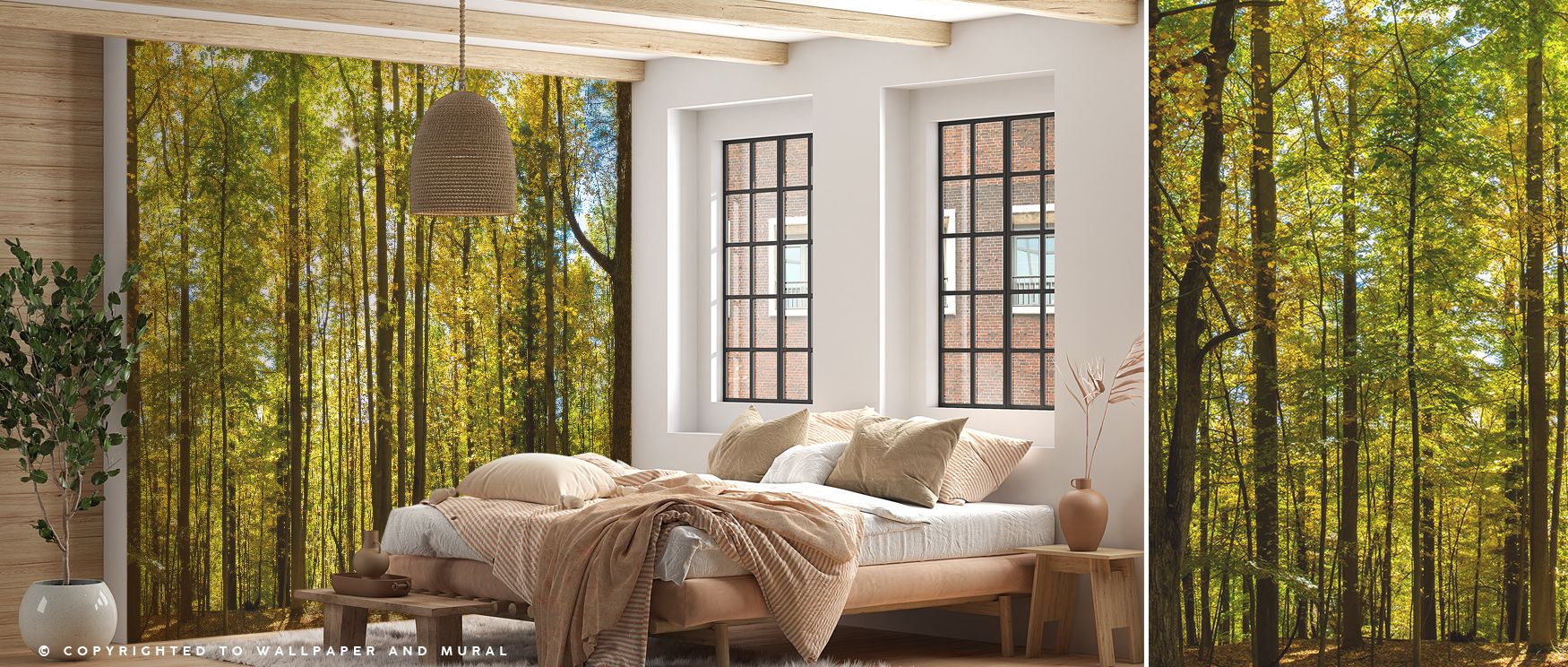 Decorative wallpaper capturing lush forest landscapes with greenery and light. Its serene tones create calm interiors, making it perfect for bedrooms, living rooms, or studies with natural themes. 