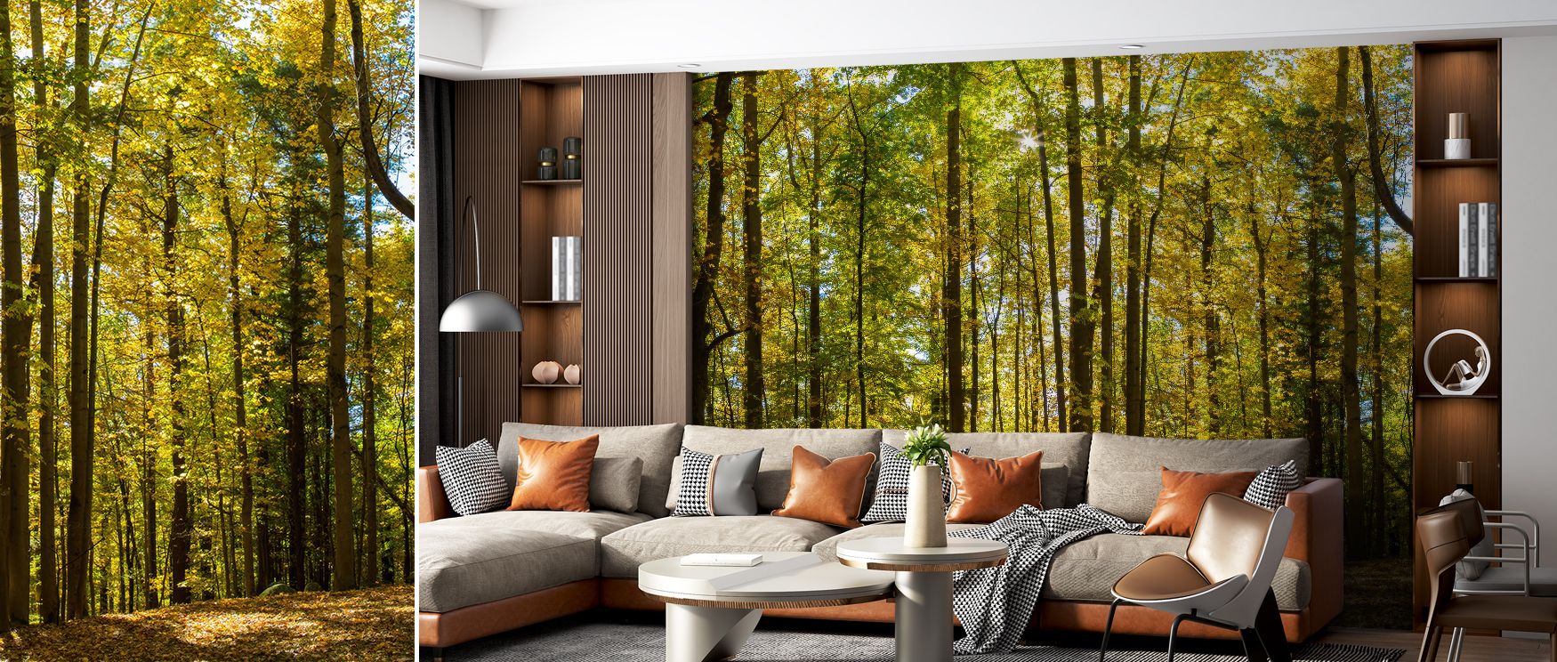 Forest-inspired wallpaper featuring trees and mountains in lush tones. Its soothing design enriches interiors with peaceful charm, perfect for bedrooms, studies, or offices with nature-inspired décor. 