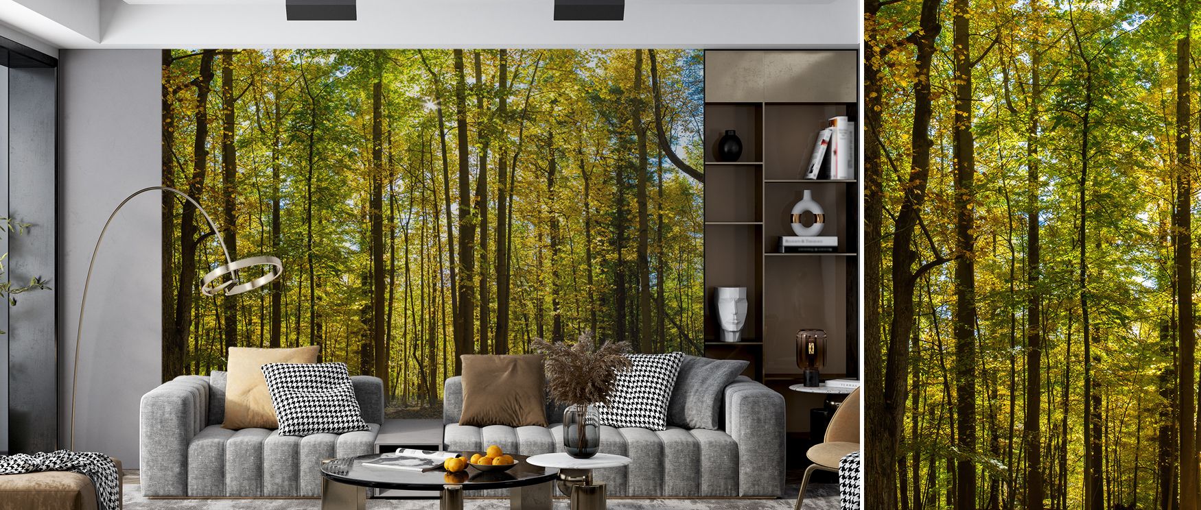Serene forest wallpaper styled with natural green landscapes. Its calming artistry enriches interiors with tranquility, ideal for living rooms, studies, or bedrooms where peace and beauty combine. 