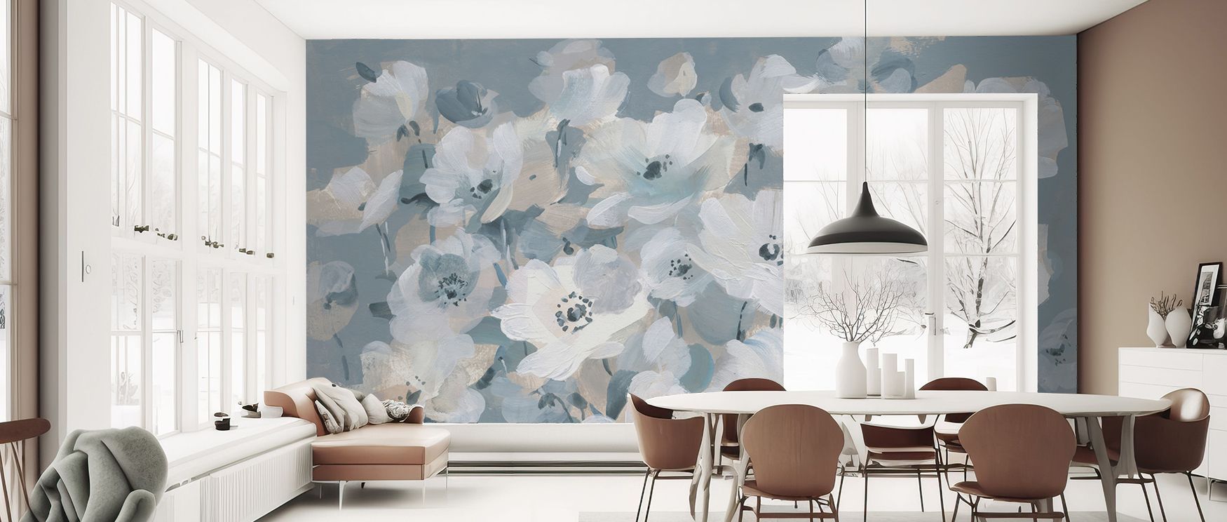 Breezy floral wallpaper styled with delicate bloom motifs. Its refined artistry creates calm interiors, ideal for bedrooms, lounges, or living rooms enriched with floral charm. 