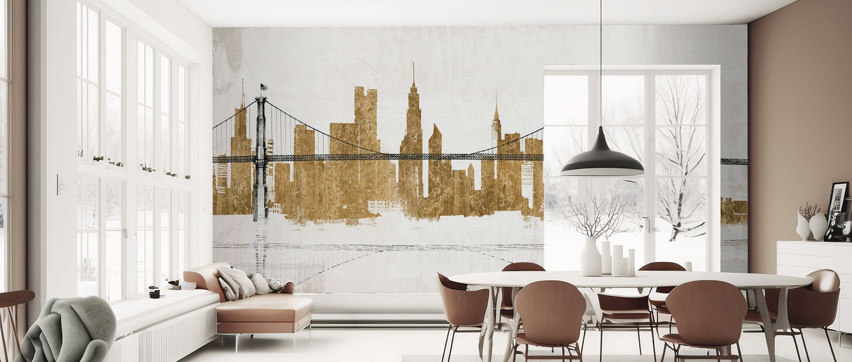 Bridge and skyline wallpaper designed in gold palette, highlighting architecture in refined artistry. Its modern tones enrich interiors, making it ideal for living rooms or offices with bold sophistication. 