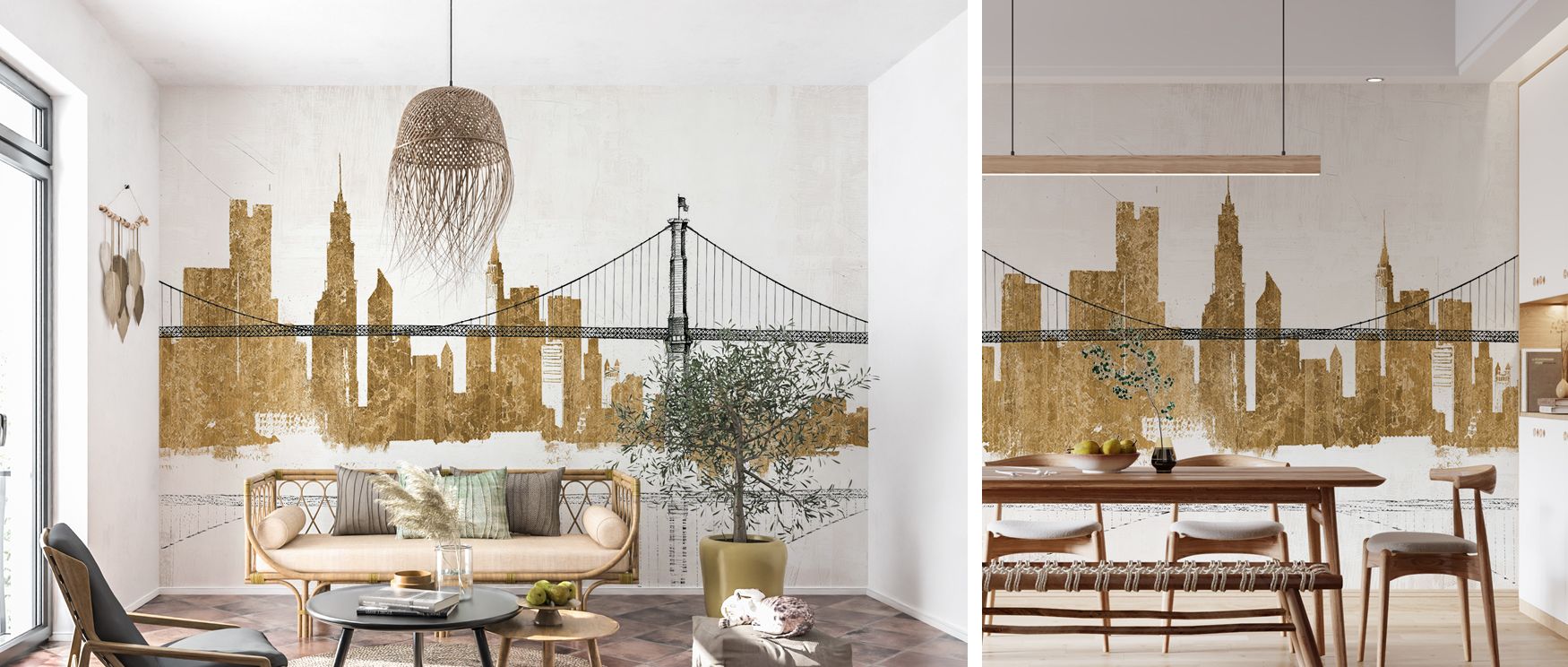 Gold skyline wallpaper styled with detailed artistry of bridge and city design. Its luxurious tones transform interiors with urban sophistication, perfect for offices, living rooms, or lounges. 