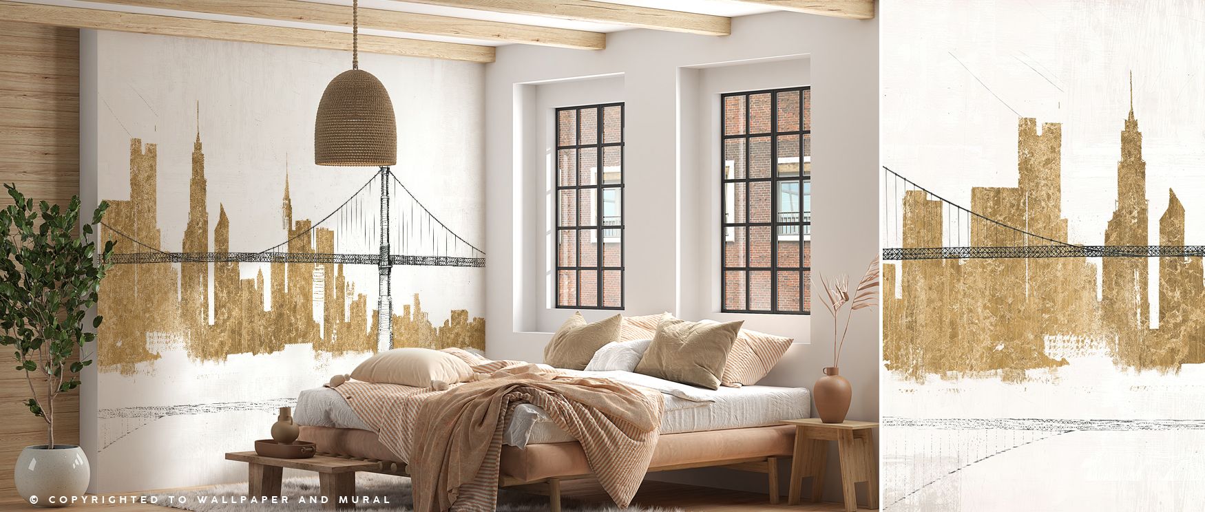 Bridge and skyline wallpaper designed with gold tones, offering interiors modern luxury. Its artistic presence enriches walls, ideal for studies, bedrooms, or creative spaces inspired by architecture. 