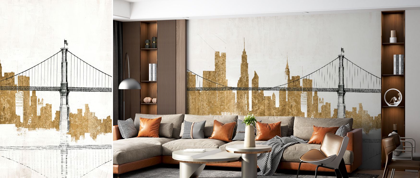 Decorative wallpaper capturing bridge and skyline in luxurious gold palette. Its refined artistry enriches interiors with sophistication, perfect for lounges, bedrooms, or stylish living rooms. 