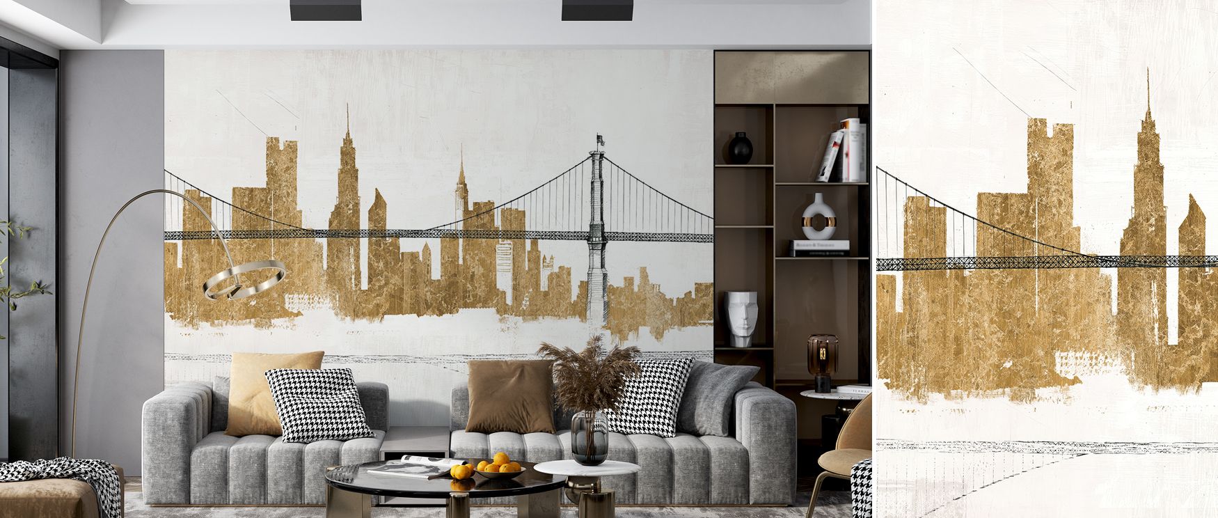 Urban skyline wallpaper styled with bridge design in gold tones. Its luxurious artistry transforms interiors with modern elegance, perfect for studies, offices, or bedrooms seeking bold flair. 