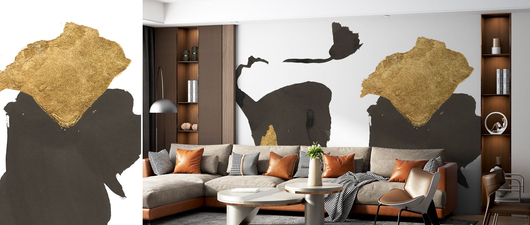 A captivating wall covering showcasing bold artistic contrasts and vivid tones, ideal for living rooms, bedrooms, or creative workspaces. It combines expressive art with contemporary design, creating interiors that feel both uplifting and stylish, filled 