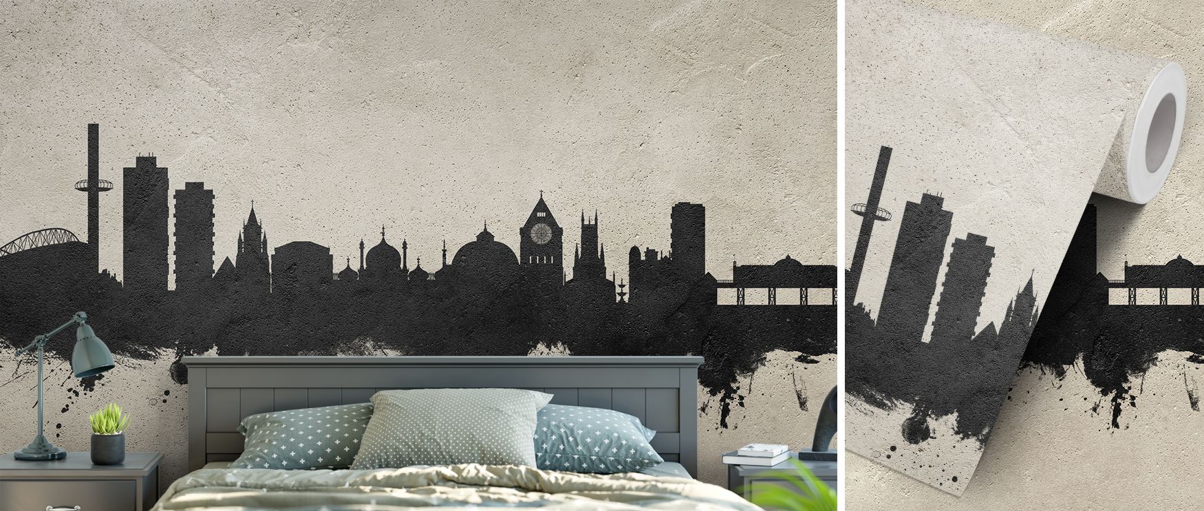 A concrete-inspired mural wallpaper featuring Brighton’s skyline in textured greys, perfect for creating urban sophistication in living rooms or stylish lounges. The design adds depth and character, making interiors feel modern and metropolitan with archi
