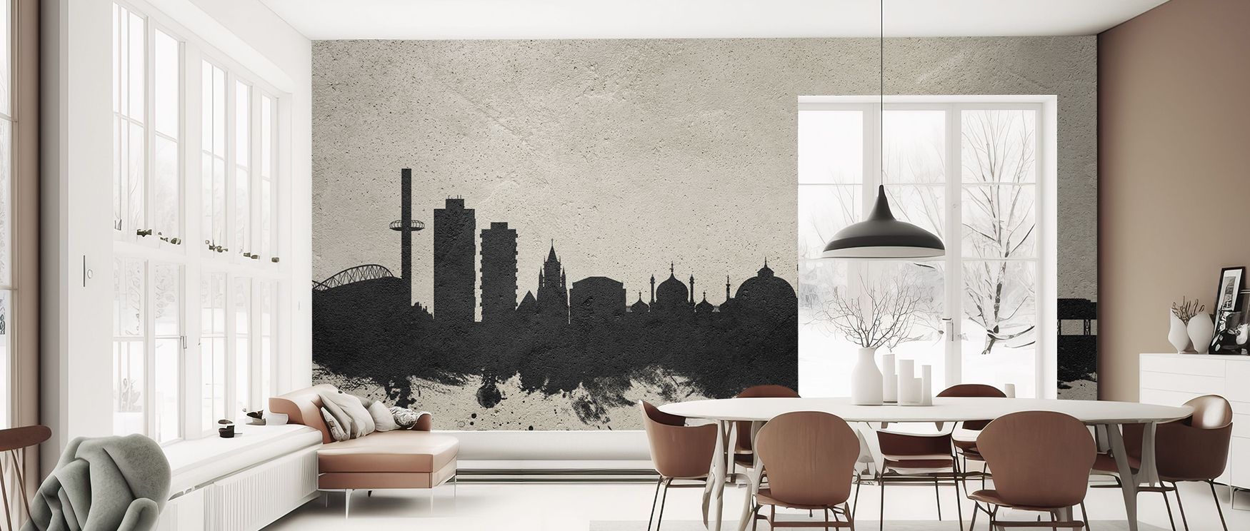 Textured concrete skyline wallpaper design with minimalist tones, ideal for urban-inspired interiors such as lounges, bedrooms, or modern home offices. It blends subtle detailing with sophisticated metropolitan design. 