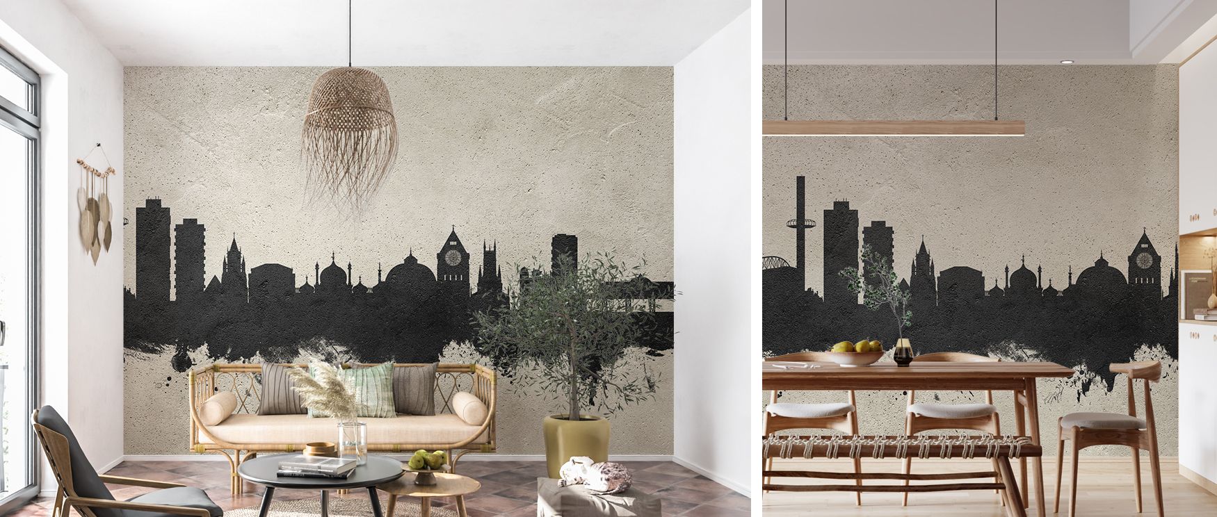 Brighton city skyline mural wallpaper showcasing textured greys, industrial tones, and modern detailing. Perfect for dining rooms or lounges, it offers stylish visual impact while maintaining minimalist chic. 