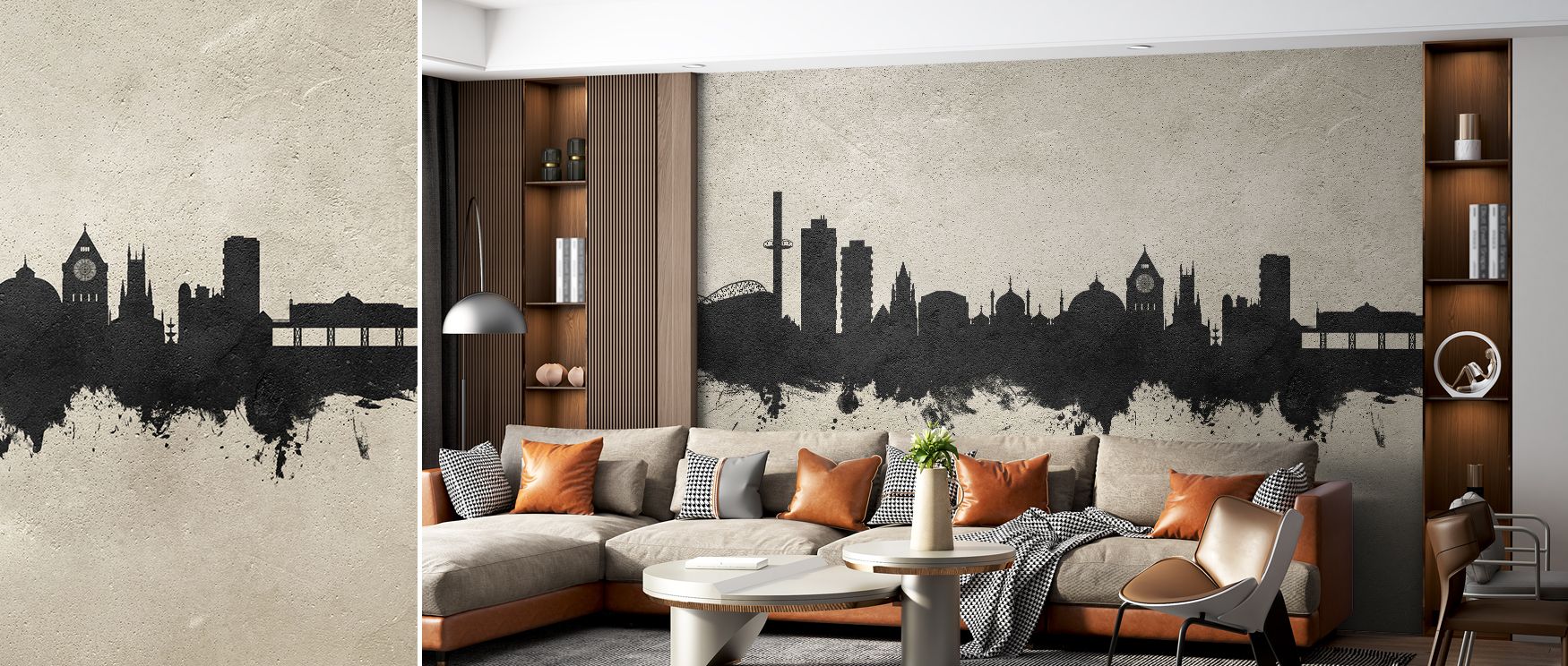 A contemporary concrete effect wallpaper design highlighting Brighton’s architectural skyline, suited for creative interiors like lounges, workspaces, or dining areas. It adds urban charm and minimalist elegance to home décor. 