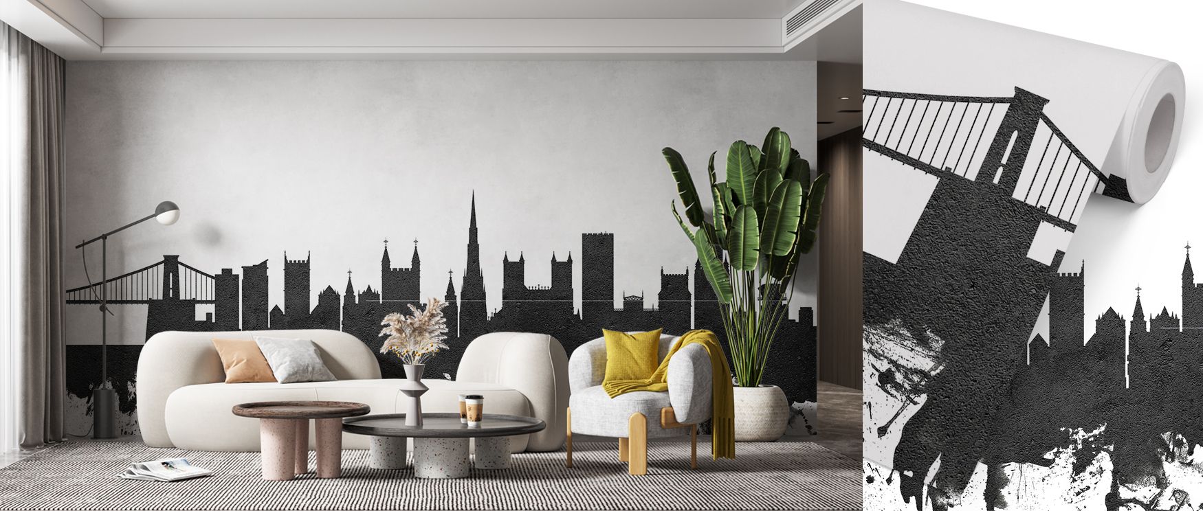 Bristol city skyline mural in striking monochrome tones, designed to bring urban inspiration into contemporary bedrooms, living areas, or creative workspaces with sophisticated impact. 