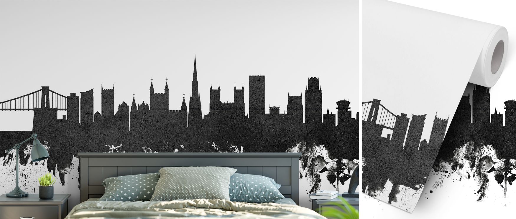 Elegant black and white wallpaper mural showcasing Bristol’s architectural skyline, perfect for creating statement interiors in lounges, studies, or dining rooms with modern design appeal. 