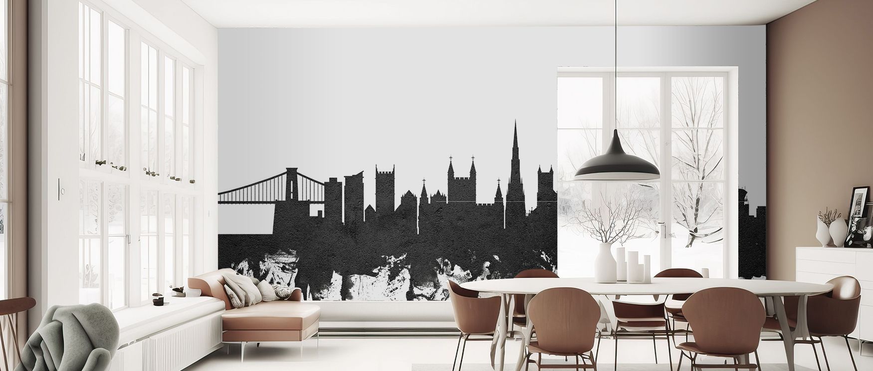 Striking black and white mural wallpaper featuring Bristol skyline, creating a refined decorative feature for stylish interiors such as bedrooms, living rooms, or dining rooms. 