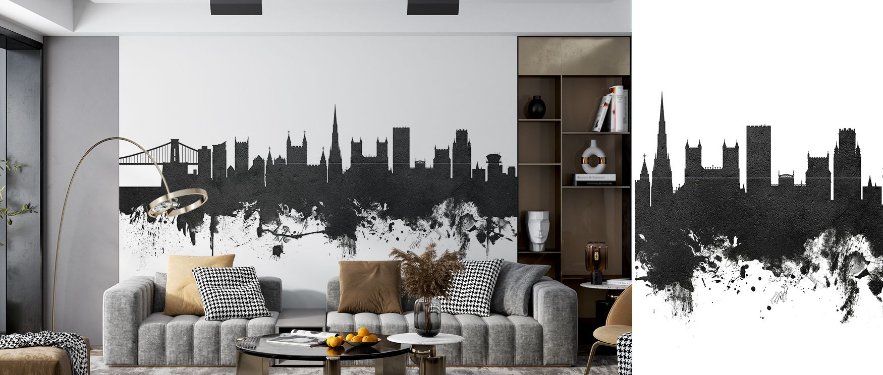 Contemporary monochrome Bristol skyline wallpaper mural, ideal for transforming modern bedrooms, lounges, or office walls with bold architectural beauty and city-inspired design. 