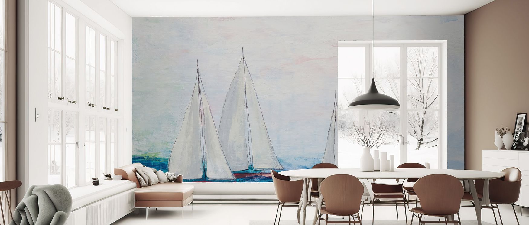 Ocean view wallpaper mural with tranquil tones, ideal for creative studios, bedrooms, or dining spaces. Its horizon design adds natural calm, creating inspiring atmospheres for modern interiors. 