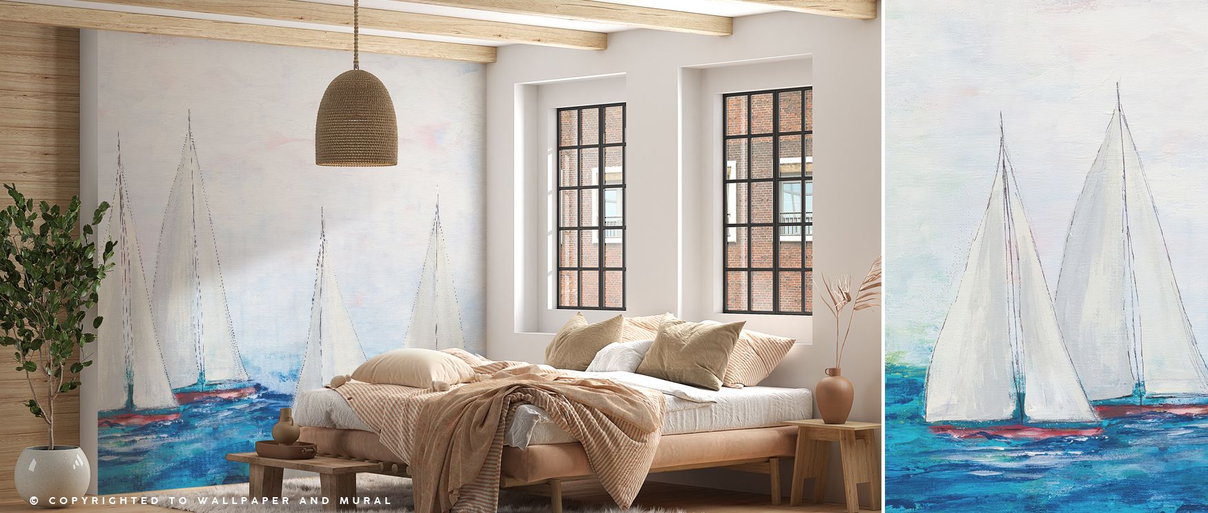 A refined wallpaper mural design featuring the serene sea view, bringing open horizons and calm inspiration to bedrooms, living rooms, or studies. It creates soothing atmospheres filled with elegance. 