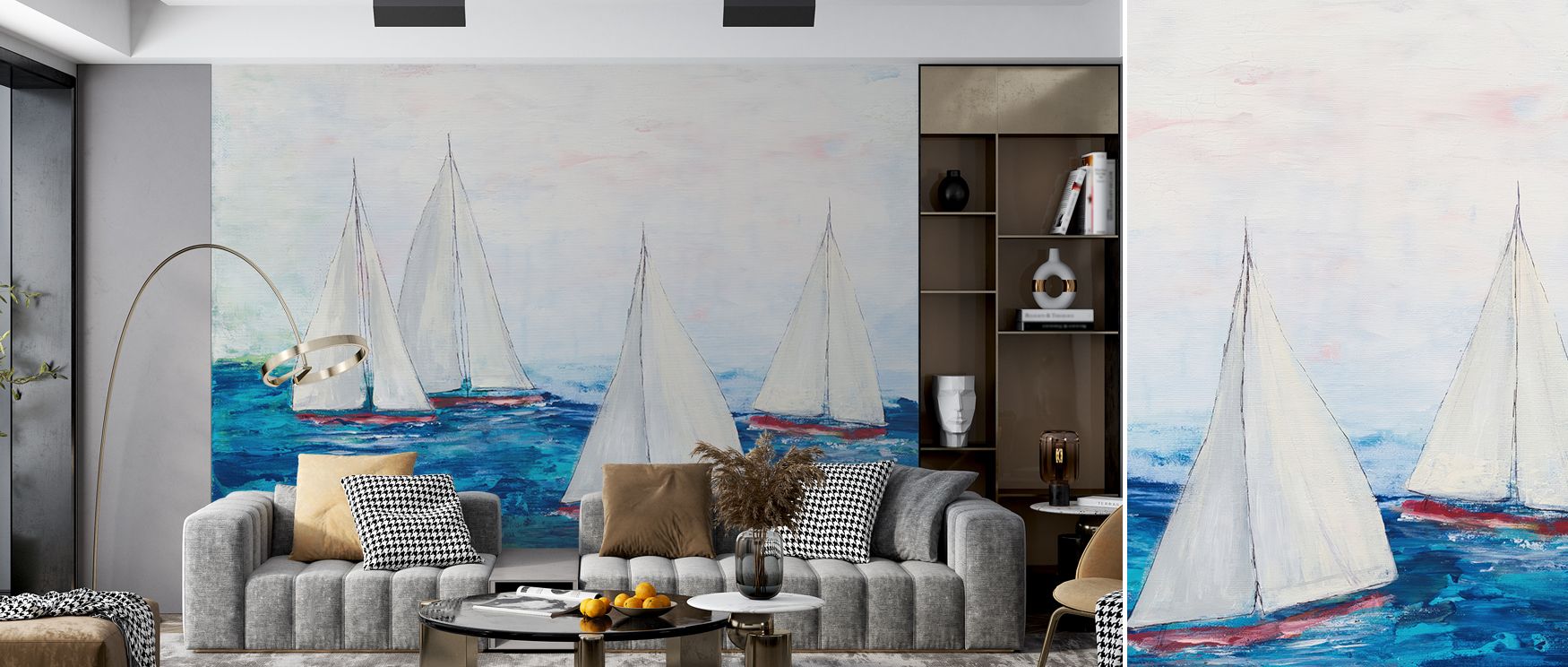 Breathtaking coastal design mural showcasing endless skies and ocean, perfect for bedrooms, offices, or lounges. It creates refined interiors inspired by nature’s openness and sea tranquility. 