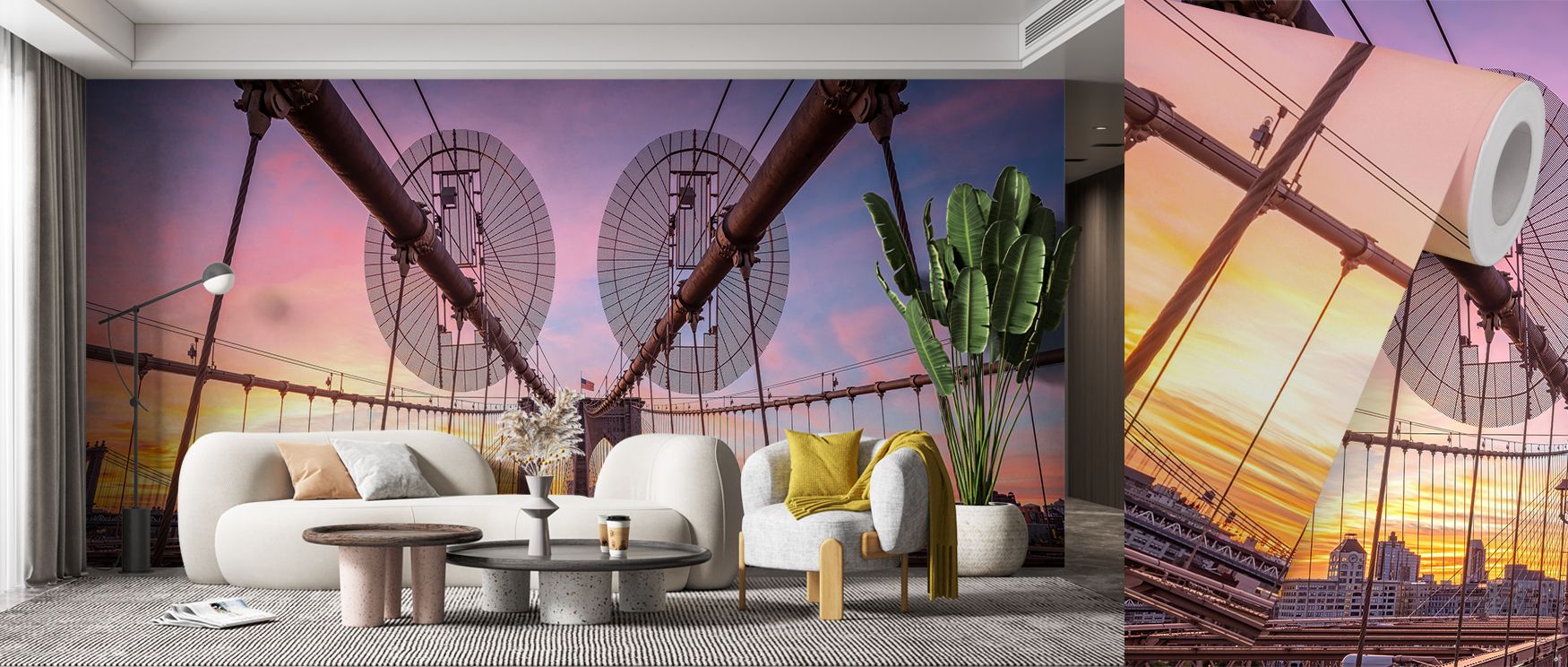 Iconic Brooklyn Bridge mural wallpaper at sunrise, featuring glowing skies and gentle morning light. It creates atmospheric living spaces, ideal for bedrooms, lounges, or home offices that value calm elegance and creative inspiration. 