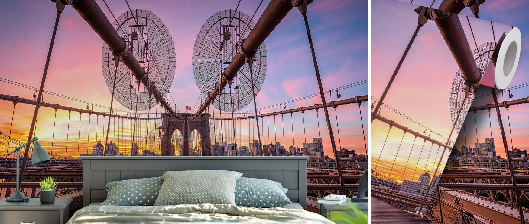 A stunning wallpaper mural showcasing the Brooklyn Bridge at sunrise, where warm tones of dawn illuminate the structure. Perfect for bedrooms, living rooms, or studies, it blends natural beauty with architectural elegance, creating interiors filled with l
