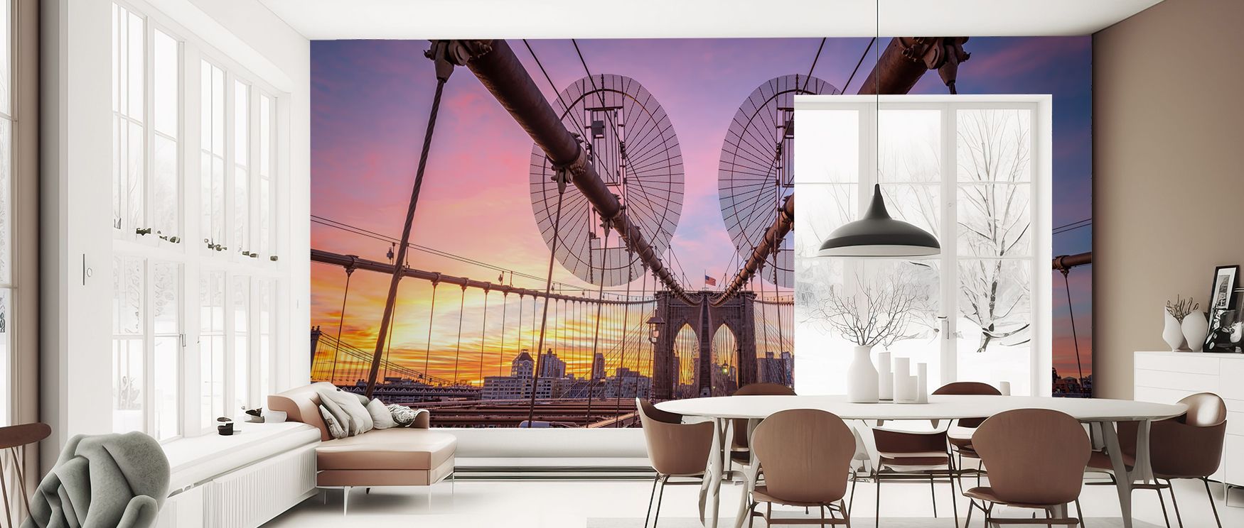 Architectural mural featuring Brooklyn Bridge at sunrise, suited to modern bedrooms, lounges, or dining rooms. It blends warm light with urban charm, creating interiors filled with refined inspiration. 