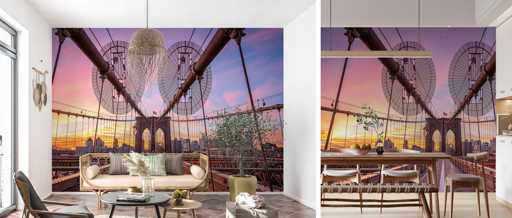Urban sunrise wallpaper mural with the Brooklyn Bridge silhouetted against radiant skies, suited for bedrooms, dining rooms, or studies. It transforms interiors with warm light and timeless city-inspired sophistication. 