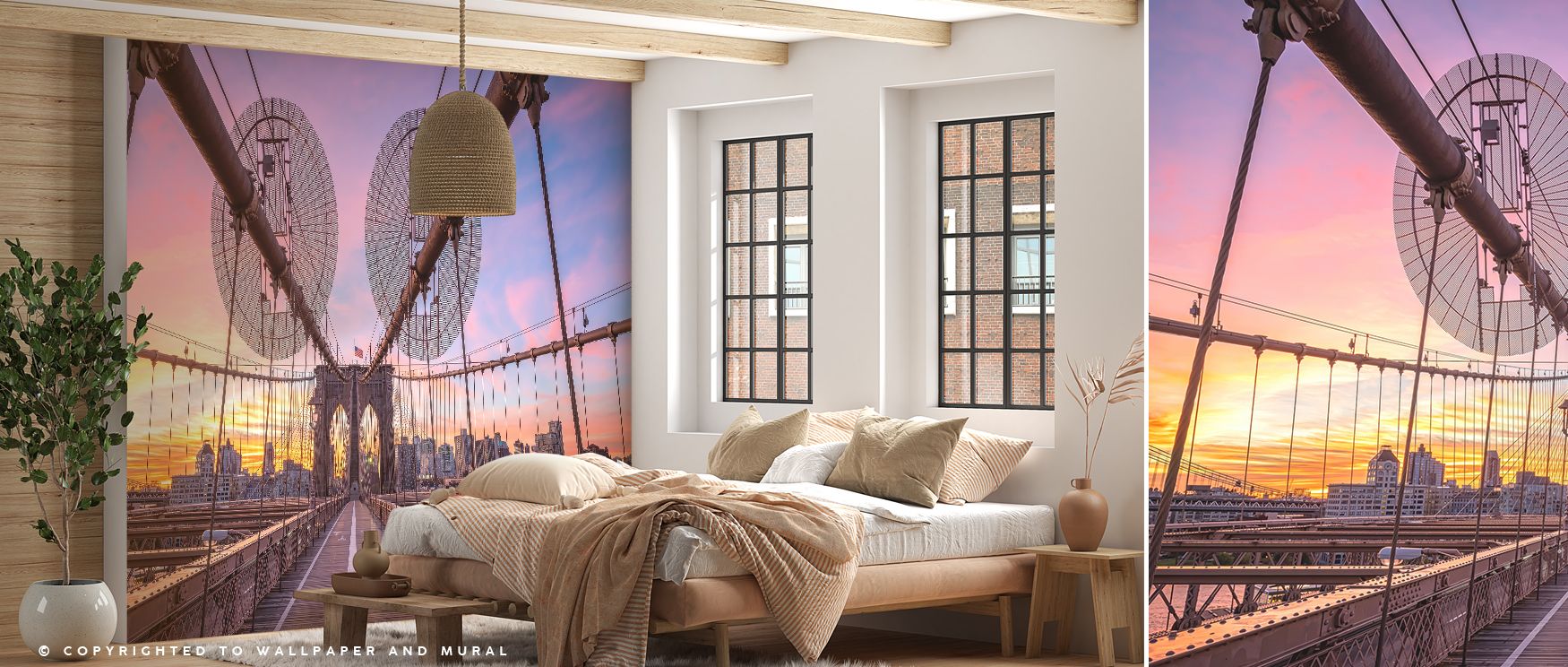 Breathtaking mural design featuring the Brooklyn Bridge at dawn, where warm hues meet strong architecture. Perfect for enhancing bedrooms, lounges, or offices with a sense of optimism and refined style. 