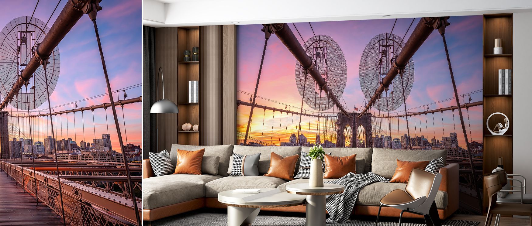 Sunrise mural wallpaper highlighting Brooklyn Bridge architecture and natural light, ideal for dining areas, bedrooms, or creative interiors. It offers timeless sophistication and warm morning atmosphere. 