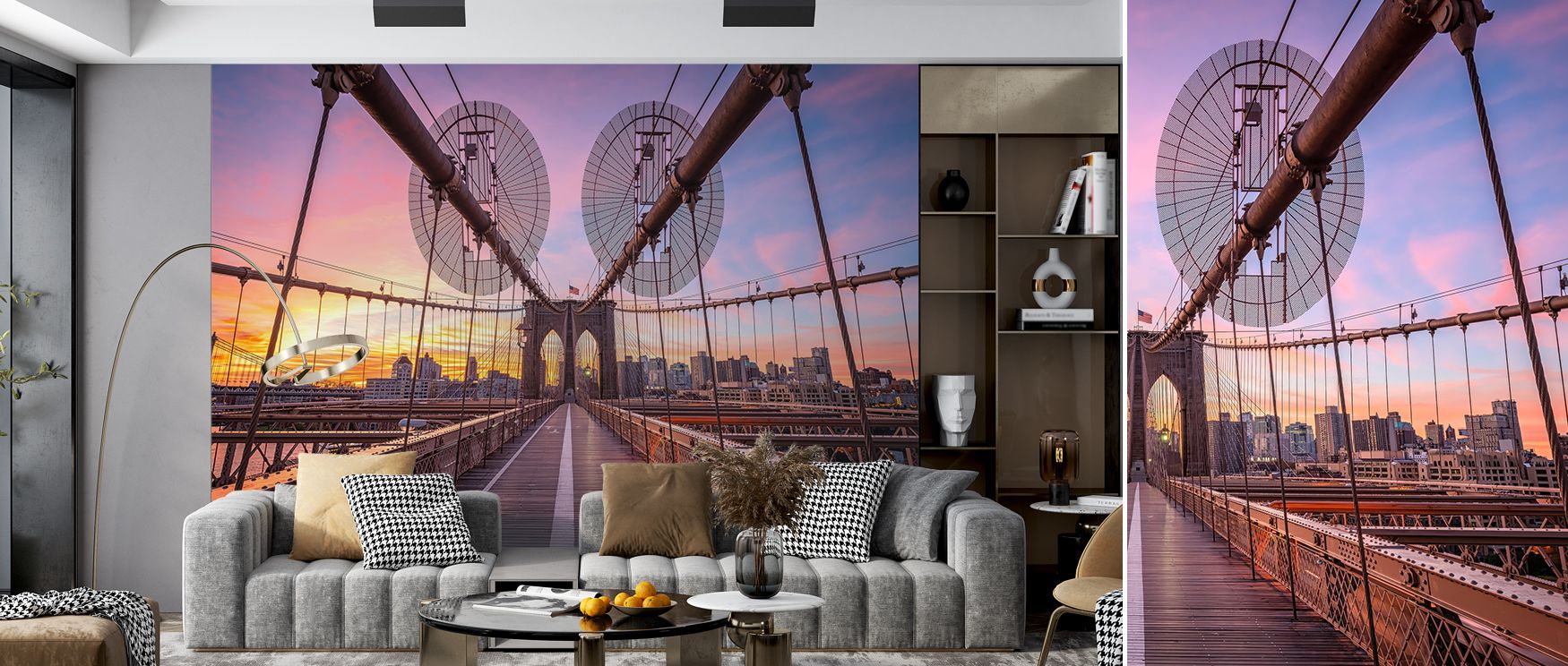 A luminous wallpaper mural with Brooklyn Bridge bathed in sunrise glow, creating atmospheric interiors. Perfect for living rooms, bedrooms, or home offices inspired by natural elegance and city beauty. 