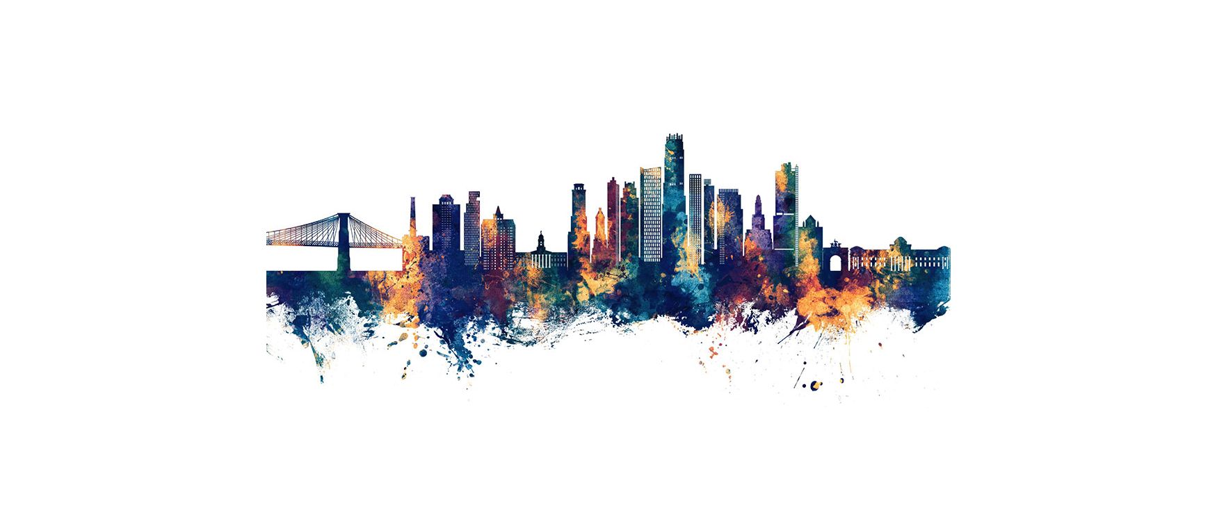 Bold Brooklyn skyline mural design with warm bronze and deep blue hues, perfect for stylish living rooms, bedrooms, or offices seeking city-inspired decorative elegance.