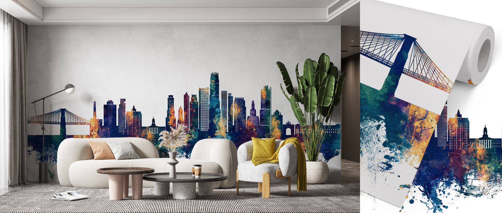 Brooklyn New York skyline mural in vibrant blue and bronze tones, ideal for living rooms, lounges, or bedrooms seeking a bold feature wall with metropolitan design and creative inspiration. 