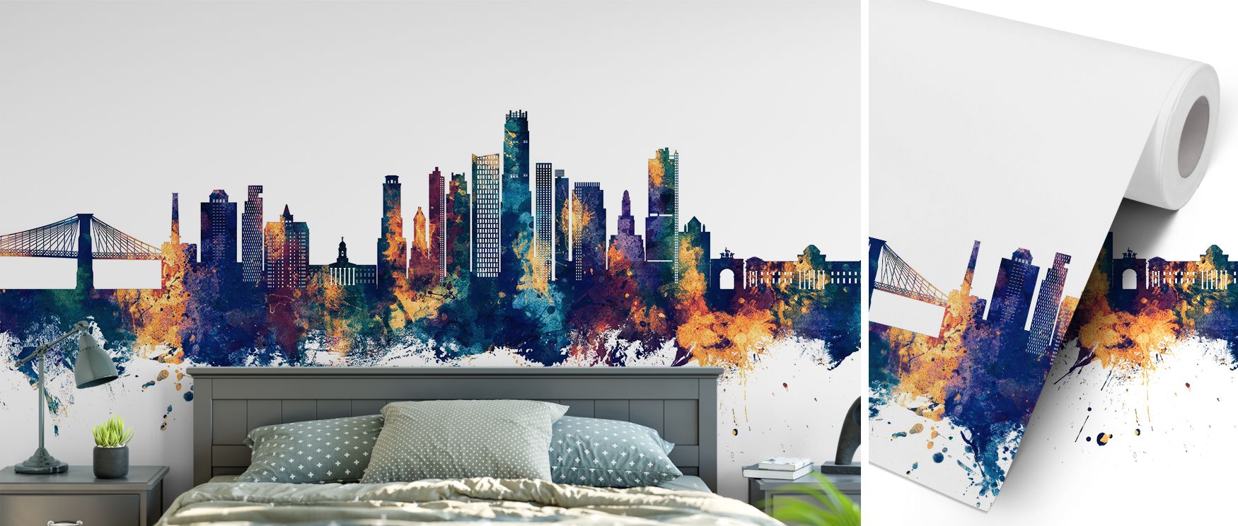 A striking mural wallpaper featuring Brooklyn’s skyline in blue and bronze, capturing architectural elegance with bold contrast. Perfect for bedrooms, living rooms, or offices, it creates an atmosphere of modern sophistication and stylish urban charm. 