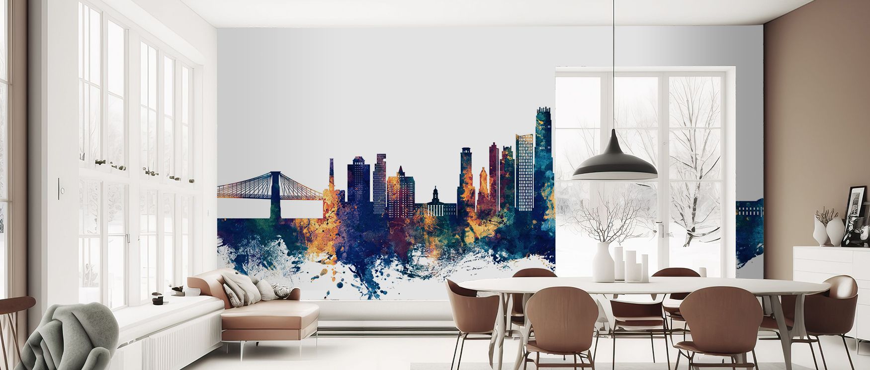 Brooklyn skyline wallpaper in rich tones of blue and bronze, perfect for stylish modern interiors. It enhances bedrooms, lounges, or creative workspaces with metropolitan design beauty. 