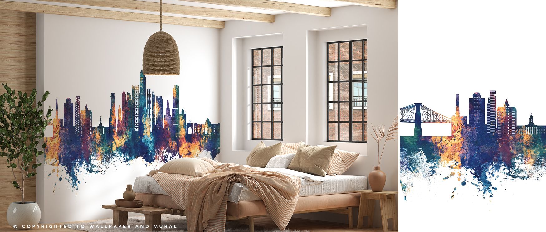 Contemporary mural featuring Brooklyn skyline artistry in striking tones, ideal for living rooms, bedrooms, or creative spaces. It balances modern design with architectural sophistication. 