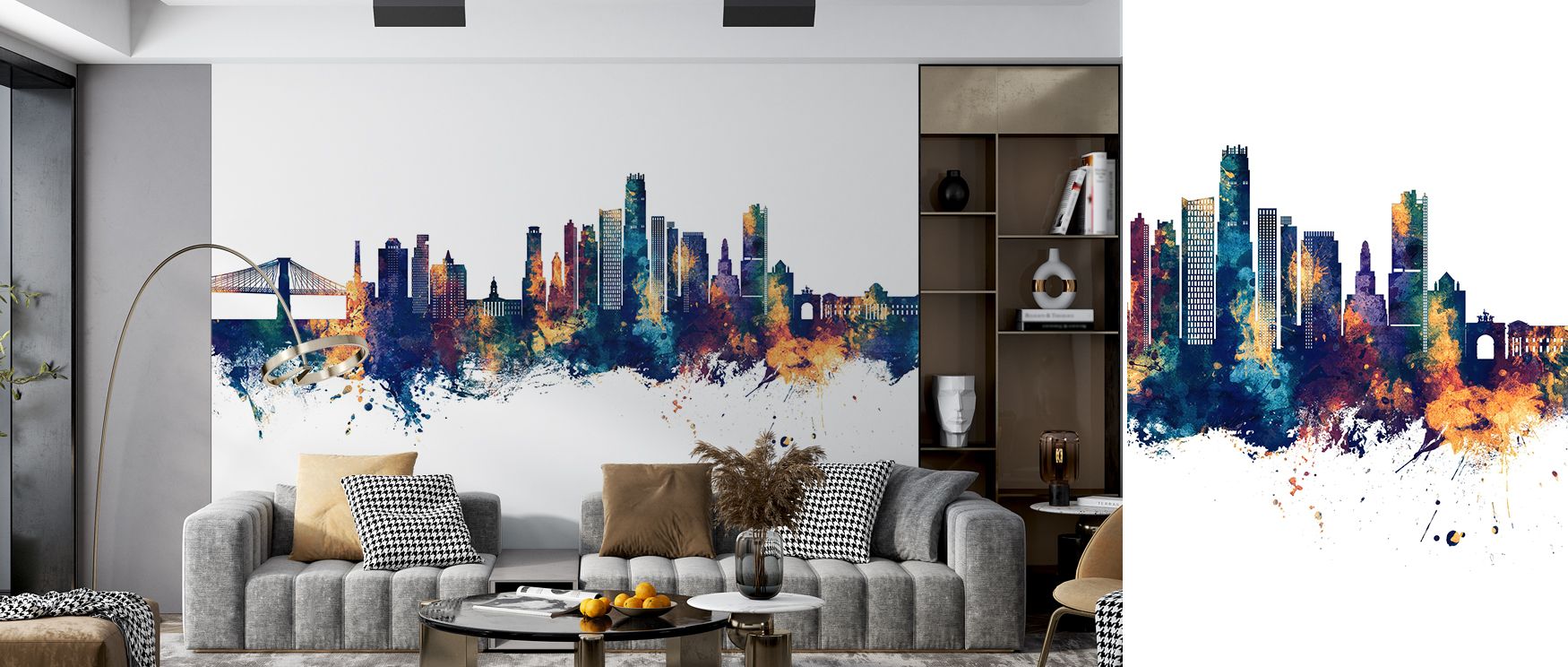 A mural wallpaper highlighting Brooklyn skyline with dramatic color contrasts, ideal for bedrooms, dining spaces, or offices. It transforms interiors with elegance and modern sophistication. 