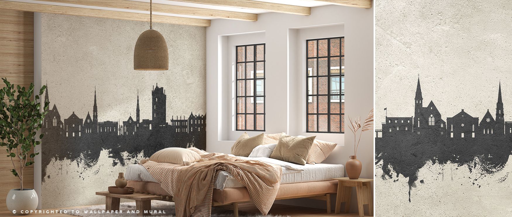 A modern mural wallpaper capturing Broughty Ferry skyline in textured grey tones, suited to bedrooms, dining areas, or living rooms. It enriches interiors with architectural elegance. 