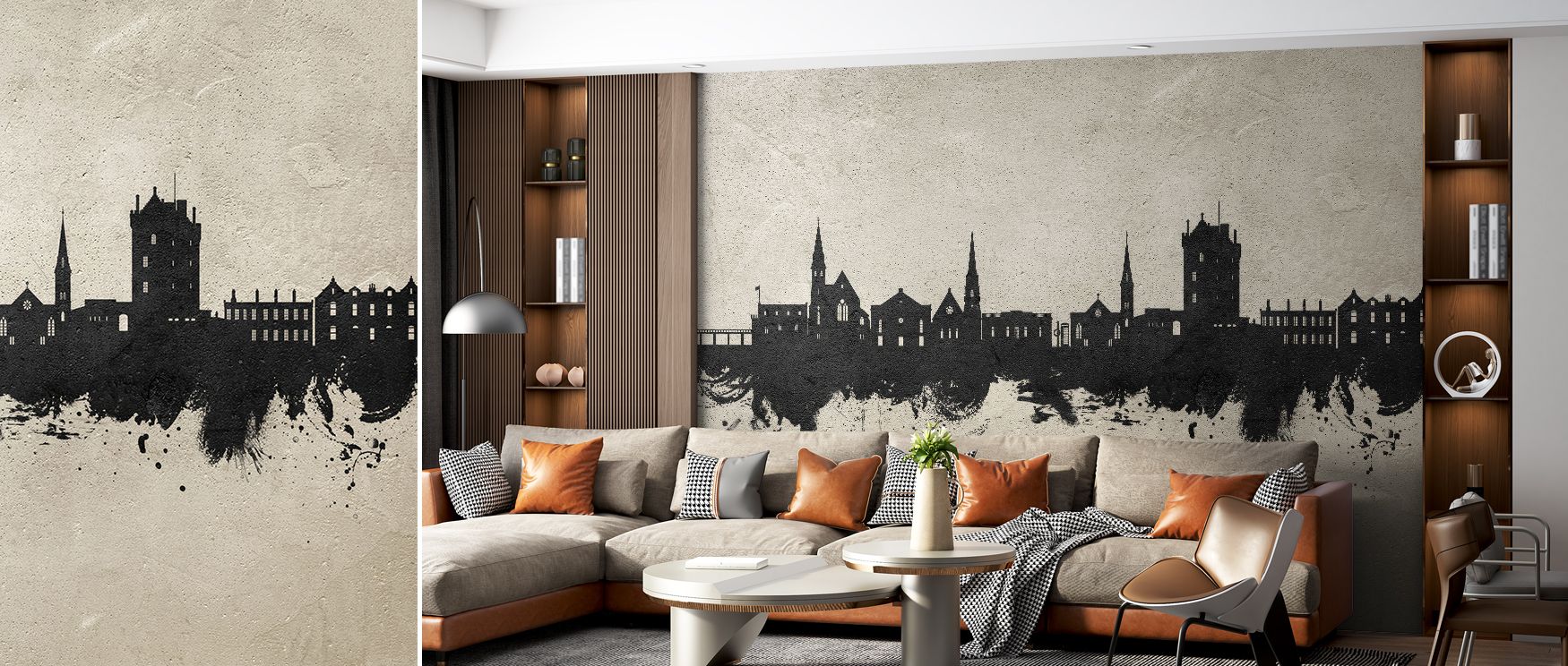 Minimalist skyline wallpaper mural with concrete design elements, ideal for modern interiors. Perfect for studies, bedrooms, or lounges needing bold decorative style and sophistication. 