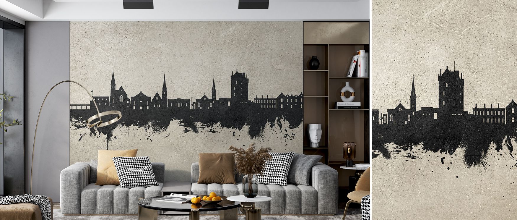 Concrete effect mural featuring Broughty Ferry skyline, perfect for bedrooms, dining areas, or offices. It creates an urban-inspired atmosphere with stylish architectural details. 
