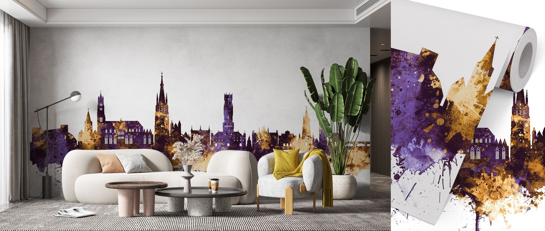 A luxurious mural wallpaper featuring Bruges skyline with bold purple and gold hues, ideal for bedrooms, living rooms, or creative studios. It creates dramatic interiors with refined style. 