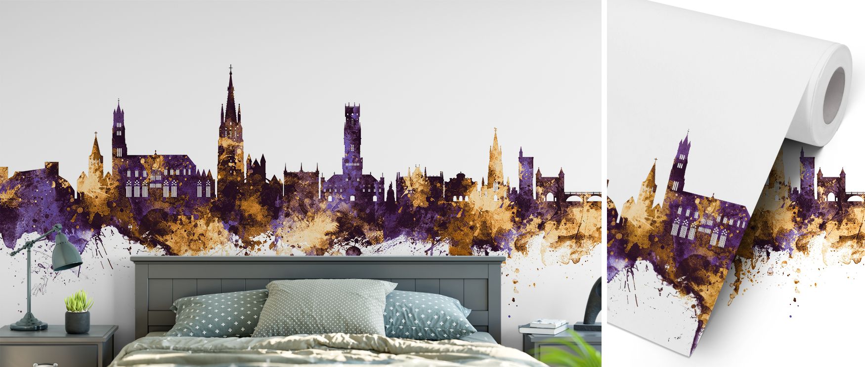 Bruges Belgium skyline wallpaper mural in purple and gold tones, perfect for stylish interiors. It enhances bedrooms, lounges, or dining rooms with regal character and modern sophistication. 