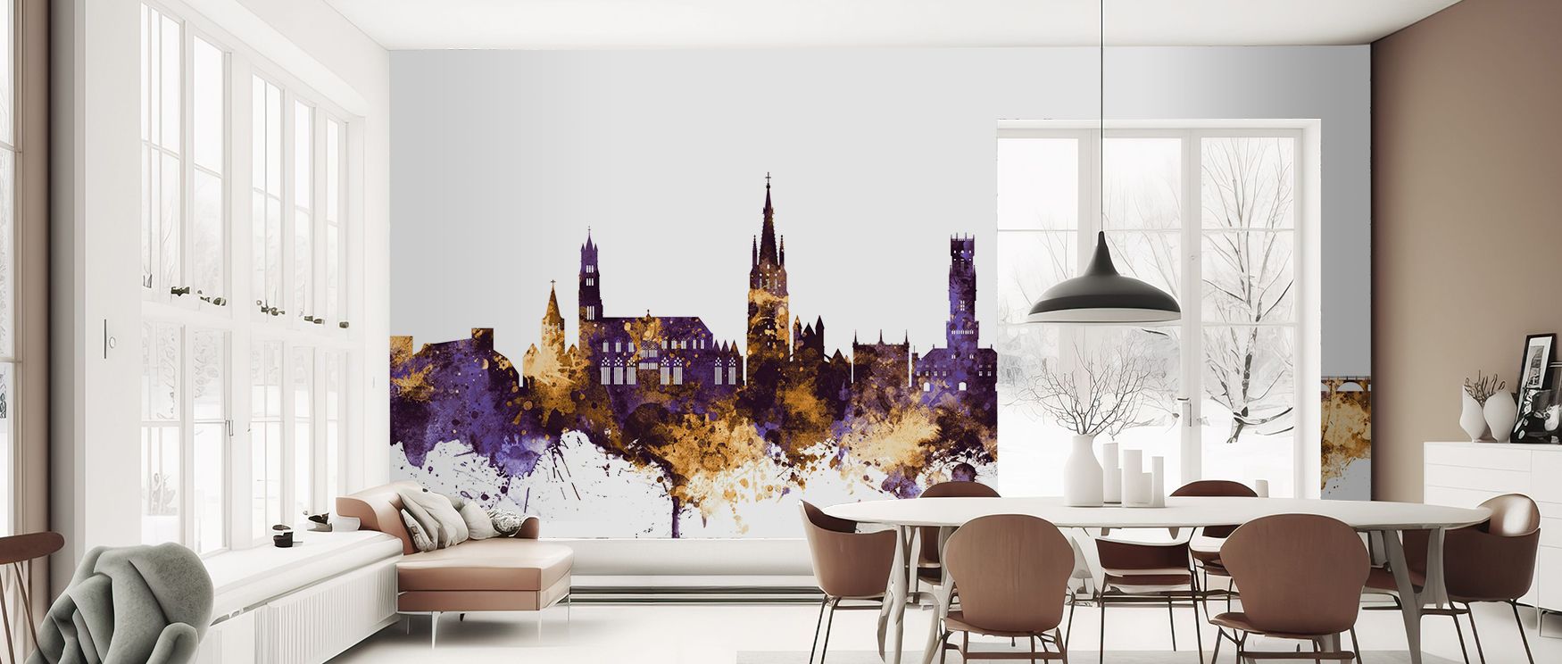 Purple and gold city skyline mural design featuring Bruges architecture, perfect for enhancing bedrooms, dining areas, or living rooms with modern regal style. 