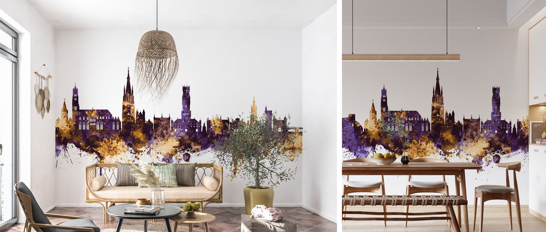 Bruges skyline mural design showcasing architectural silhouettes in artistic tones, perfect for living rooms, dining areas, or bedrooms. It enriches interiors with luxury and creativity. 