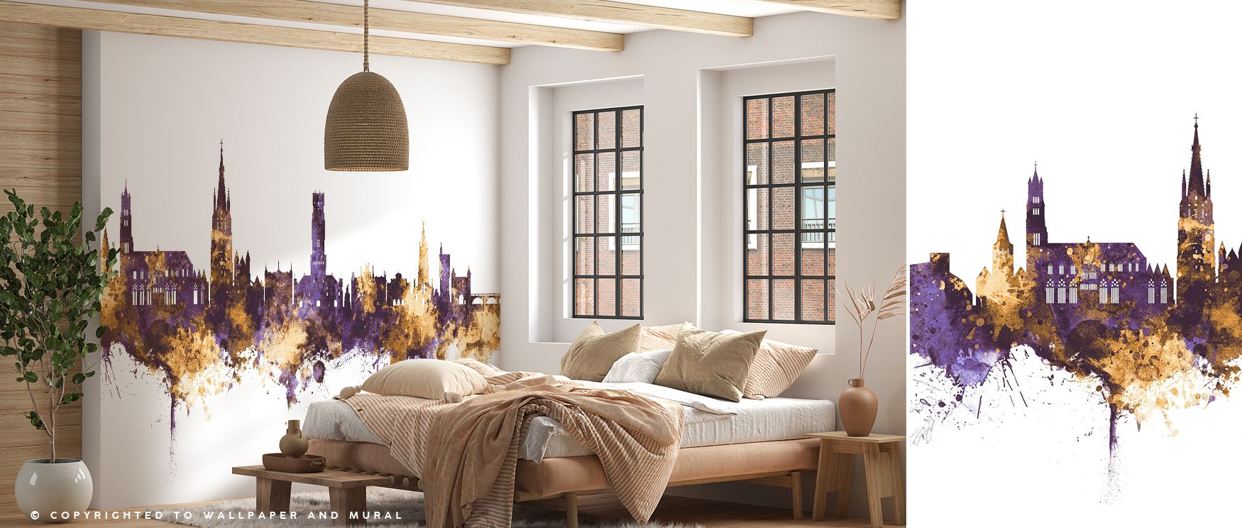 Regal wallpaper mural highlighting Bruges skyline in purple and gold, suited to stylish lounges, bedrooms, or workspaces. It adds sophistication and artistic depth to home décor. 