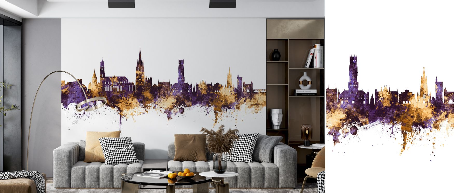 Artistic wallpaper mural of Bruges skyline in purple and gold, ideal for bedrooms, offices, or lounges. It blends metropolitan design with decorative richness for inspiring interiors. 
