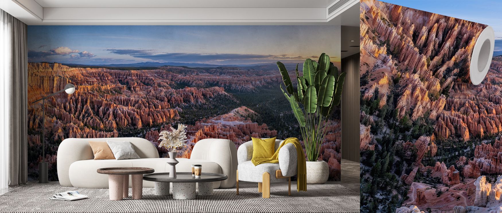 Bryce sunrise wall mural showcasing luminous tones of morning gold merging with cool blue hues of early skies, creating inspiring interiors filled with balance and natural charm. Perfect for bedrooms, lounges, or offices, this mural transforms ordinary wa
