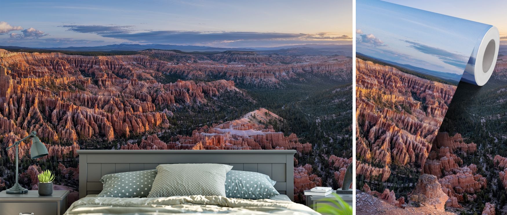 A captivating mural design of Bryce sunrise featuring radiant skies glowing with amber tones, delicate gradations of soft pastels, and the suggestion of natural silhouettes, creating a warm and tranquil energy. Ideal for bedrooms, dining areas, or creativ