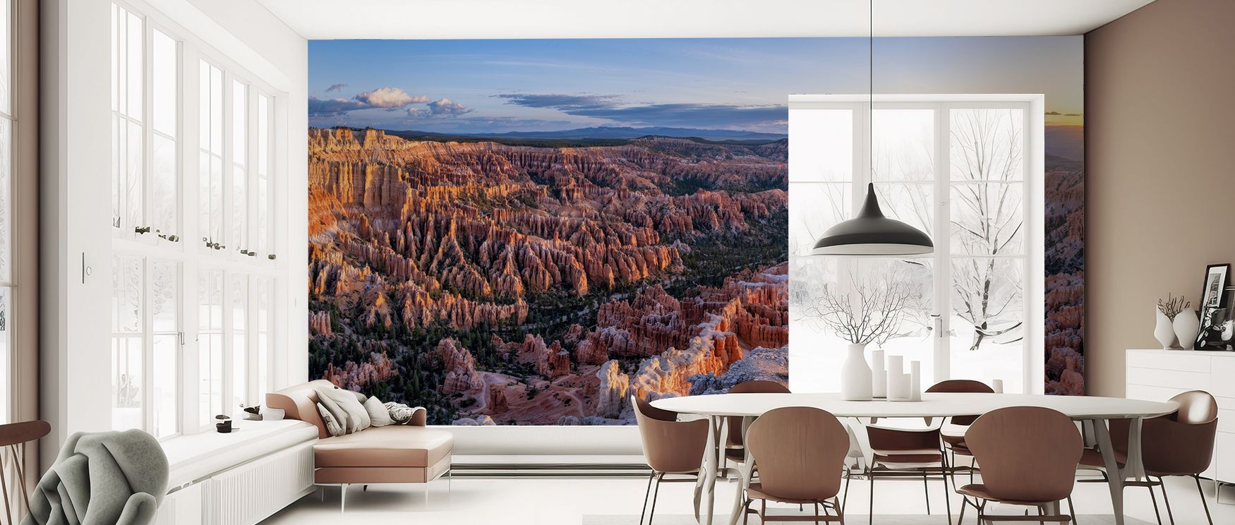 Stunning Bryce sunrise mural with golden glow of morning light illuminating soft skies and blending into delicate tones, creating peaceful and artistic spaces. Ideal for bedrooms, dining rooms, or living areas, this wallpaper enriches interiors with natur